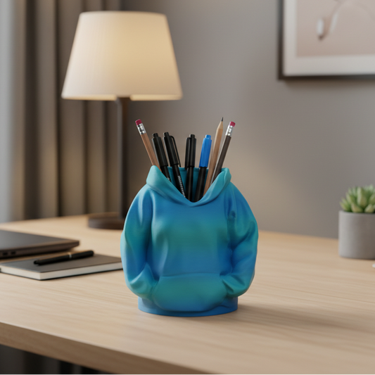 Hoodie Storage Pot on an office desk with pens and pencils
