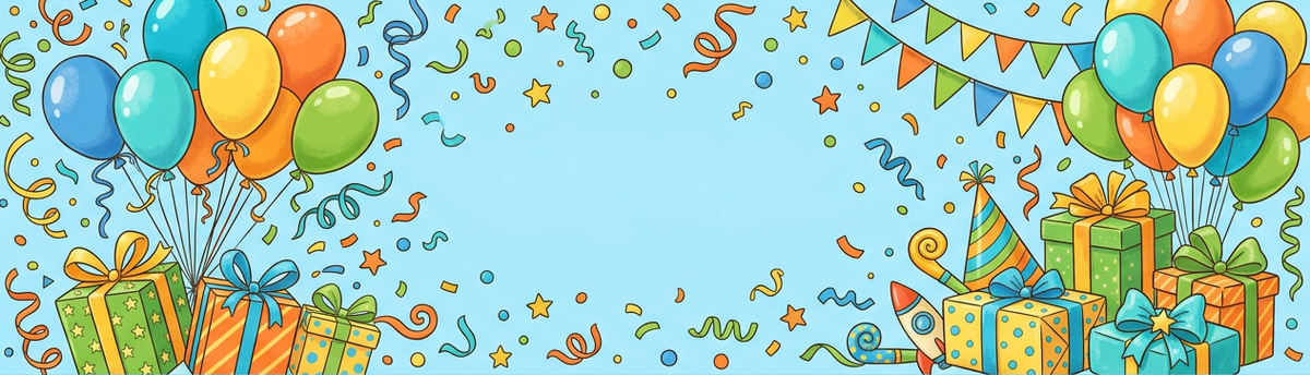 Colourful birthday banner with balloons, confetti and presents, no text