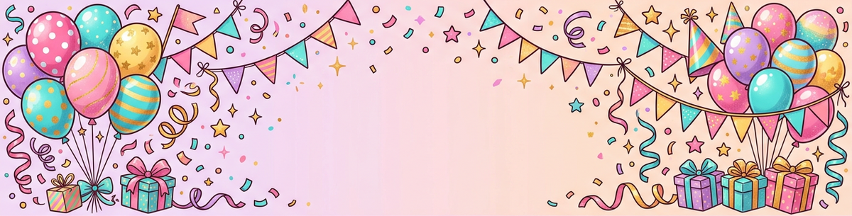 Girls’ birthday banner with pastel balloons, confetti and presents, no text